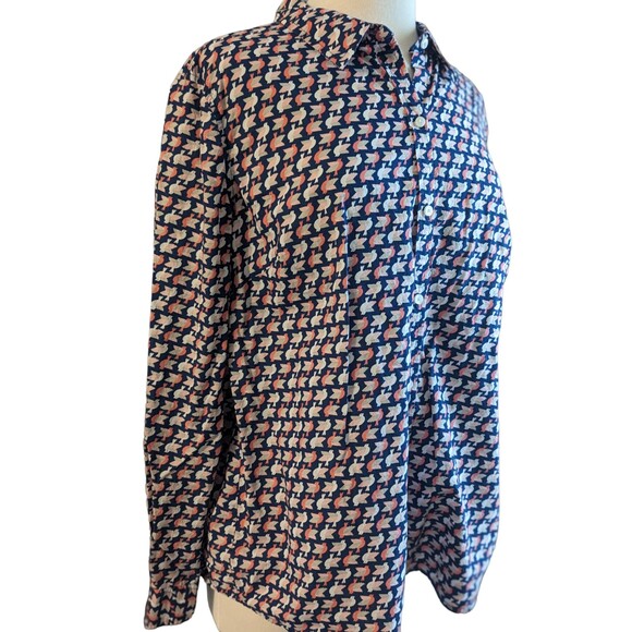 Charter Club Women's Navy & Pink Bird Print Button-up 100% Cotton Blouse Size 16 - Picture 1 of 9